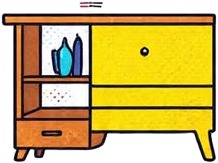 a yellow dresser with a blue vase on top.jpg